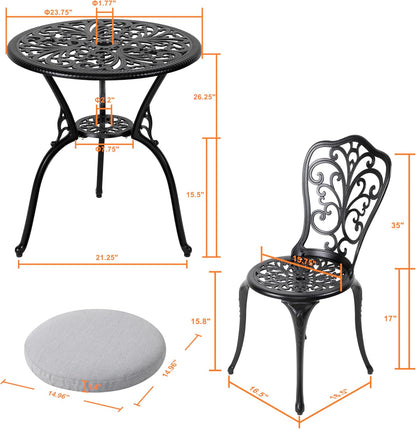 NUU GARDEN 3 Piece Outdoor Bistro Table Set, All Weather Cast Aluminum Patio Bistro Sets Patio Table and Chairs Set of 2 with Umbrella Hole for Yard, Garden, Balcony, Black