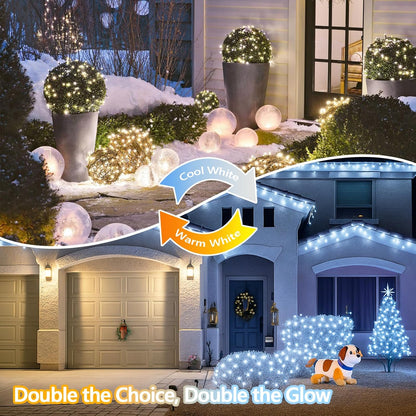 SANJICHA Warm White and Cool White Color Changing Solar String Lights, Extra-Long 2PK 144FT 400LED Solar Fairy Lights Outdoor Waterproof, Copper Wire 8 Modes for Garden Party Wedding Decorations