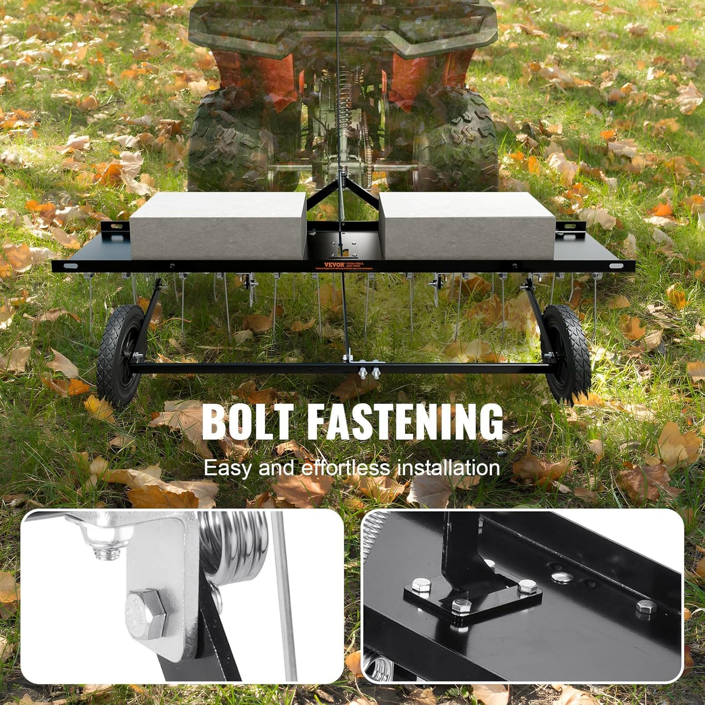 VEVOR Tow Behind Dethatcher, 48-inch Tow Dethatcher with 24 Spring Steel Tines, Lawn Dethatcher Rake for ATV or Mower, Tow Behind Lawn Rake with Lift Handle for Garden Farm Grass