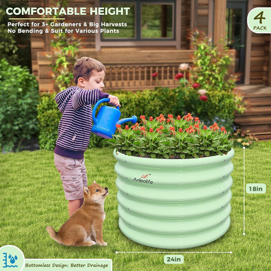 A ANLEOLIFE Kids Raised Garden Beds Outdoor (4-Pack)-24x24x18in Round Galvanized Metal Planter Box for Planting Vegetables, Flowers, Fruits, Eco-Safe & Easy Setup, Mint Green