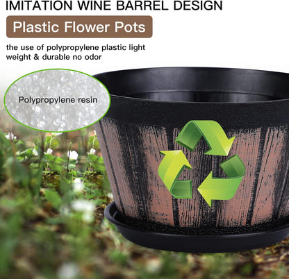 Quarut 8 inch Brown Plastic Whiskey Barrel Plant Pots Set of 4 with Drainage Holes and Saucer for Indoor and Outdoor Garden Home Plants