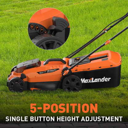 Maxlander Lawn Mowers, 13Inch Electric Lawn Mower Cordless, 20V 2-in-1 Battery Powered Lawn Mower with Brushless Motor, 5-Position Height Adjustment, Battery and Charger Included