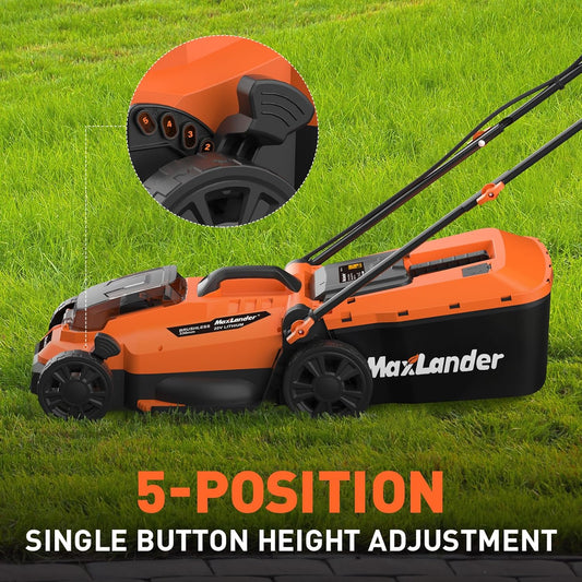 Maxlander Lawn Mowers, 13Inch Electric Lawn Mower Cordless, 20V 2-in-1 Battery Powered Lawn Mower with Brushless Motor, 5-Position Height Adjustment, Battery and Charger Included