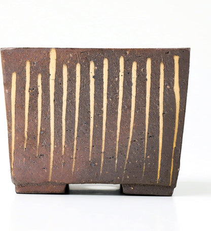 Wazakura Tokoname Series Small Handmade Striped Square Bonsai Pot with Drainage Hole 4.1in (105mm) Made in Japan, Ceramic Training Starter Container, Decorative Flower Planter - Brown