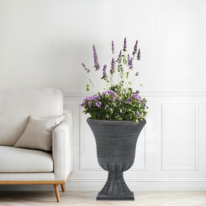 22" Large Urn Planters for Outdoor Plants, Set of 2 Plastic Flower Pot with Handmade Washed Black Finish, Weather-Resistant for Porch, Garden, Patio or Indoor Decor