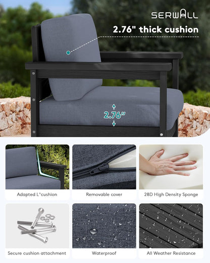 SERWALL 8 Pieces HDPE Outdoor Conversation Sofa Set with Cushion, All Weather Couch Loveseat Furniture Set with Pads, Outdoor Social Sofa Coffee Table Set, Black Frame with Grey Cushions