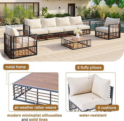 7-Piece Metal Patio Sectional Sofa Set, Free Combination Sofa Set with Coffee Table, All-Weather Garden Conversational Furniture Set with Thick Cushions and 8 Pillows (Dark Gray Frame+Brown Cushion)