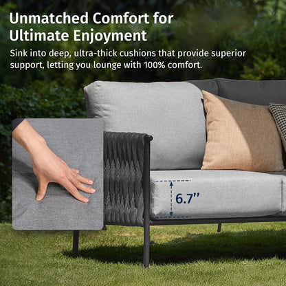EAST OAK Corner Patio Furniture Set | Life Chatter 5-Seat Outdoor Furniture | Deep Seating Corner Sofa with Round Coffee Table | Extra-Thick & Washable Cushions | Misty Grey