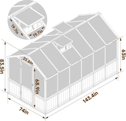 BlueWish 6x12FT Greenhouse, Wood Greenhouses with 6MM Thick Polycarbonate, Adjustable Vent, Cedar Frame, Greenhouse for Outside, Garden, Backyard,Light Brown Mocha