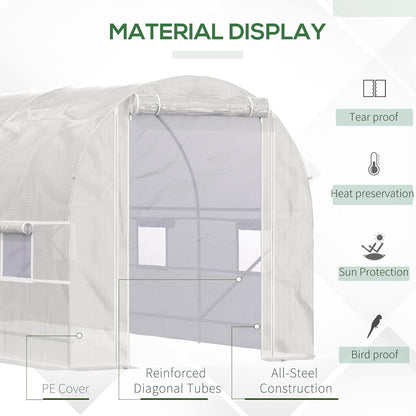 Outsunny 15' x 7' x 7' Walk-in Tunnel Greenhouse, Large Heavy Duty Garden Hot Green House Kit with 6 Roll-up Windows & Roll Up Door, Steel Frame for Garden Plants, White