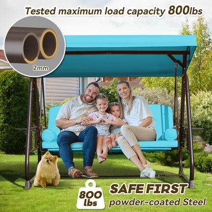 3 in 1 Outdoor Porch Swing with Adjustable Canopy, 3 Seat Outdoor Swing for Adults, Patio Swing Chair with Thickened Cushions,Pillows & Cup Holders for Backyard, Porch, Garden (Lake Blue)