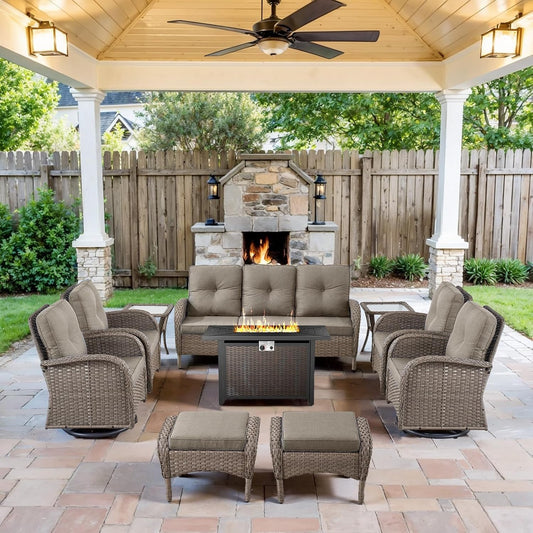 Expansive 10 Pieces Outdoor Patio Furniture Set with 43” Propane Fire Pit Table, Patio Conversation Set with Swivel Rocker Outdoor Chairs Set of 4 and Sofa, Ottoman and Wicker Side Table Gray