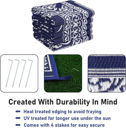 Outdoor Rug 8'x10' for Patios Waterproof Patio Rugs Outdoor Mats for Front Porch,Beach Mat,Reversible Plastic Straw Camping Rugs for Outside RV,Deck,Balcony,Backyard Navy Blue