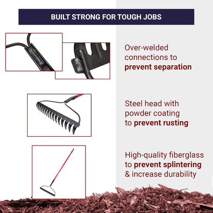 BULLY TOOLS 92309 12-Gauge 16-Inch Bow Rake with Fiberglass Handle and 16 Steel Tines, 58-Inch