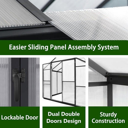 8x8 FT Outdoor Greenhouse Kit, Polycarbonate Aluminum Walk-in Greenhouse with Adjustable Roof Vent and Lockable Door, Backyard Garden in Winter, Gray