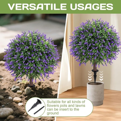 Artificial Lavender Topiary Ball Tree 25" with Ground Spike, Set of 2 Artificial Boxwood Bushes for Faux Shrubs, Fake Evergreen Faux Plant for Indoor Outdoor Porch Garden -UV Resistant–Fade-Proof