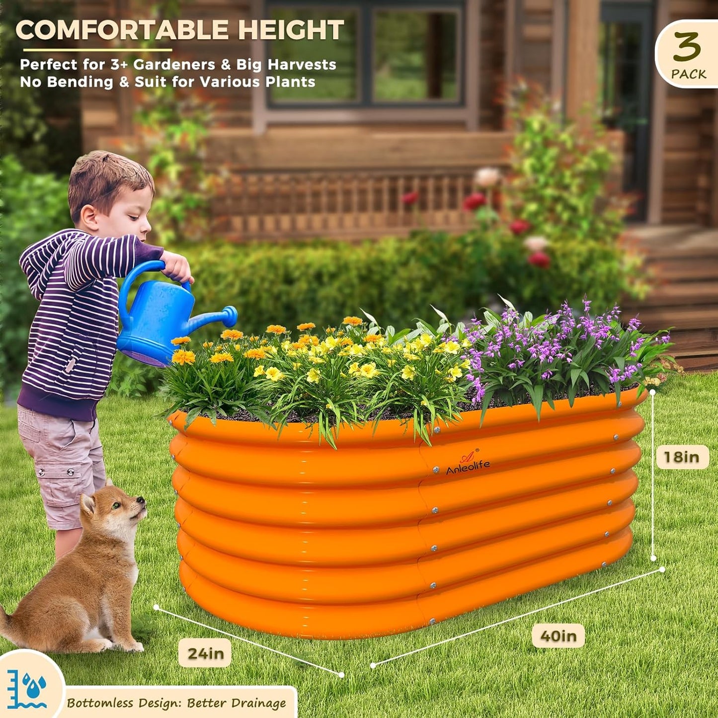 A ANLEOLIFE Kids Raised Garden Beds Outdoor (3-Pack)-40x24x18in Oval Round Galvanized Metal Planter Box for Planting Vegetables, Flowers, Fruits, Eco-Safe & Easy Setup, Peach Orange