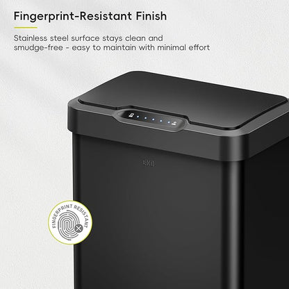EKO Mirage-T 50 Liter / 13.2 Gallon Touchless Rectangular Motion Sensor Trash Can, Brushed Stainless Steel Finish (Matte Black)