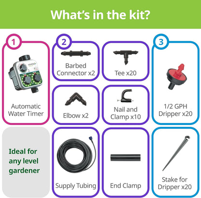Raindrip R560DP Automatic Drip Irrigation Watering Kit with Customizable Timer for Containers and Hanging Baskets, Waters up to 20 Plants, Includes 20 PC Drippers, Black