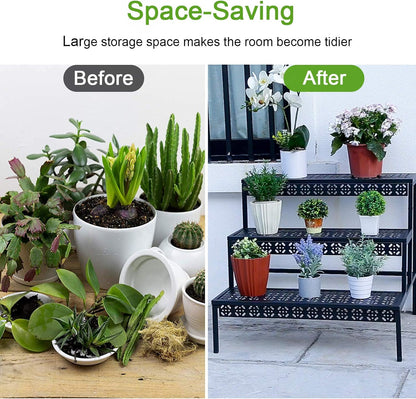 3 Tiers Metal Plant Stand,Rectangular Ladder Flower Pots Outdoor, Indoor Plant Display Rack, Heavy Duty Utility Storage Organizer for Home Garden Patio Balcony, Stair Style