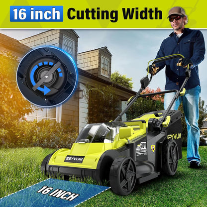 SEYVUM 40V 16-inch Cordless Lawn Mower with 45L Grass Collection Bag, 6 Position Height Adjustment Electric Lawn Mower, 2 x 20V 4.0Ah Battery Powered Push Lawnmower, 2.4A Fast Charger