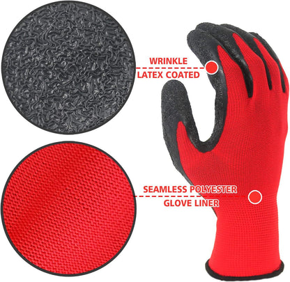 Evridwear Crinkle Latex Rubber Hand Coated Safety Work Gloves for Men Women General Multi Use Construction Warehouse Gardening Assembly Landscaping (M-Size) 12 Pairs Pack
