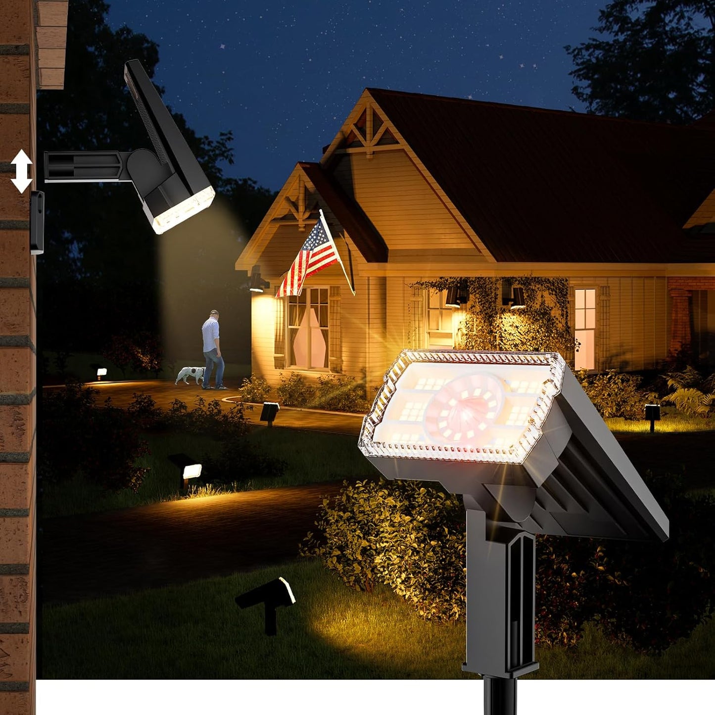 Solar Spot Lights Outdoor Waterproof IP67, 58 LED 3 Lighting Modes Solar Flood Lights, 2-in-1 Wall Light for Tree Yard Garden Pathway (Warm White, 1 Pack)