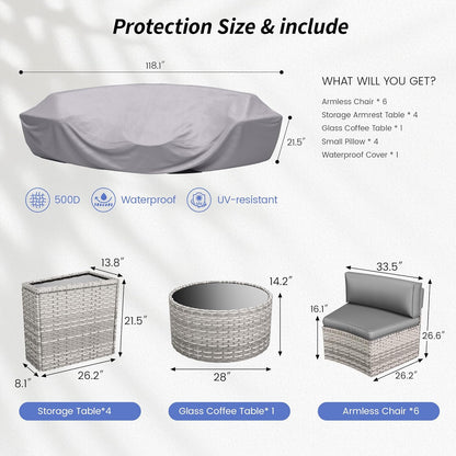 Patio Sectional Furniture Outdoor 11-Piece Grey Rattan Curved Sofa Set with Storage Table,Pillows,Fit for Pool Backyard Balcony Porch Lawn (Grey)