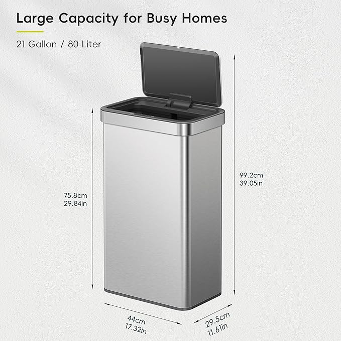 EKO Nova Sensor Trash Can, 21 Gallon/80 Liter Stainless Steel Rectangular Touchless Motion Sensor Trash Can, Matte Metallic
