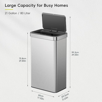 EKO Nova Sensor Trash Can, 21 Gallon/80 Liter Stainless Steel Rectangular Touchless Motion Sensor Trash Can, Matte Metallic