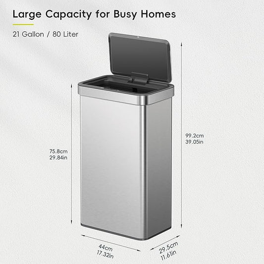 EKO Nova Sensor Trash Can, 21 Gallon/80 Liter Stainless Steel Rectangular Touchless Motion Sensor Trash Can, Matte Metallic