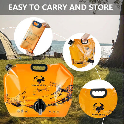 Collapsible 8L Water Storage Bag, BPA-Free Portable Folding Water Jug with Adjustable Faucet, Leakproof Emergency Water Bag for Camping, Hiking, Riding, Outdoor Sport (Blue & Orange 4)