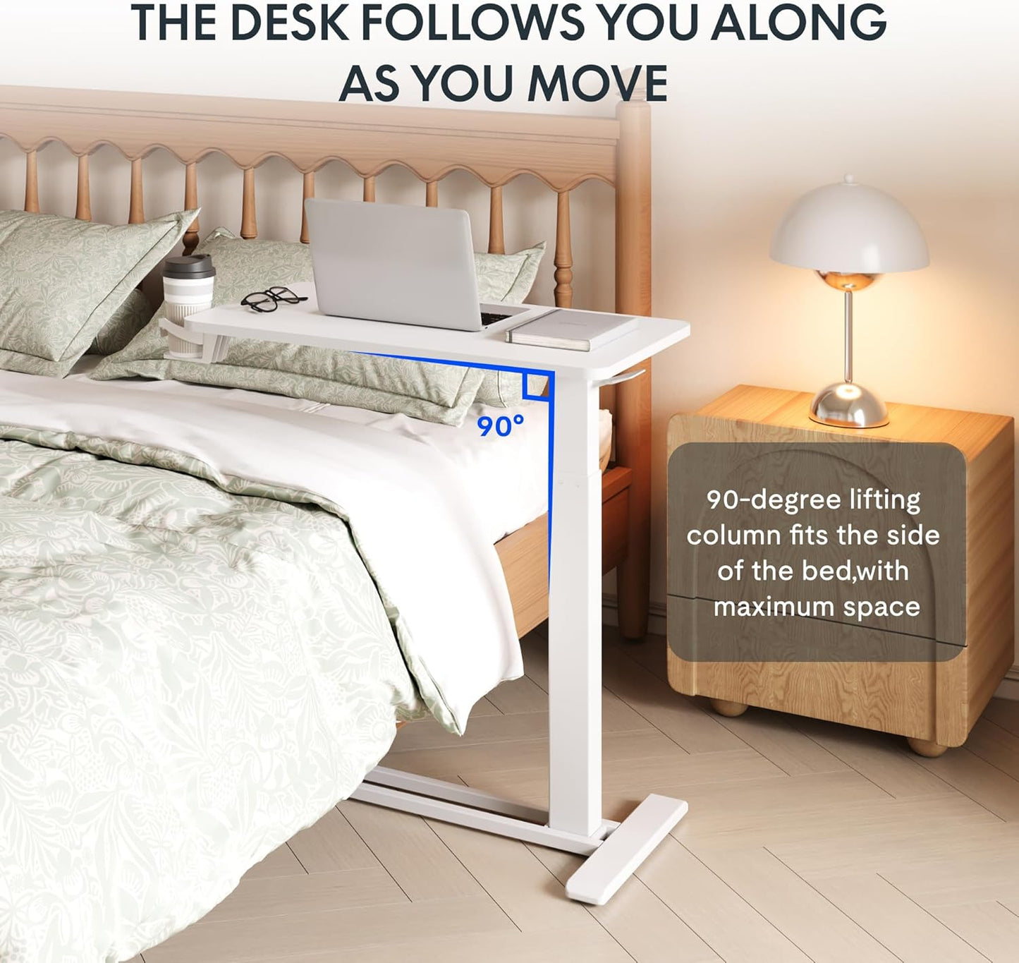 FLEXISPOT Adjustable C Table with Wheels, Mobile Snack Side End Table Sofa Couch Bedside Table Laptop Rolling Cart TV Tray Night Stand Small Space Side Table,(31.5" W x 17.7" D,White)