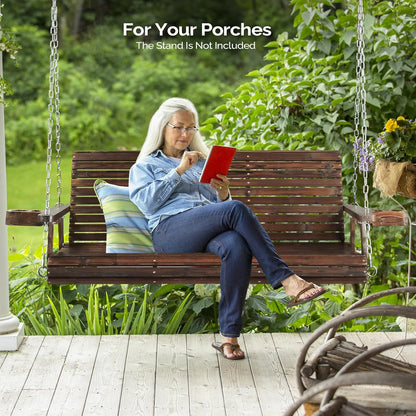 VINGLI XL Size Patio Wooden Porch Swing Outdoor with Cup Holders & Phone Slots, Heavy Duty 880 LBS Hanging Swing Chair Bench with Hanging Chains for Yard, Lawn, Garden (5 FT Pro, Rustic)