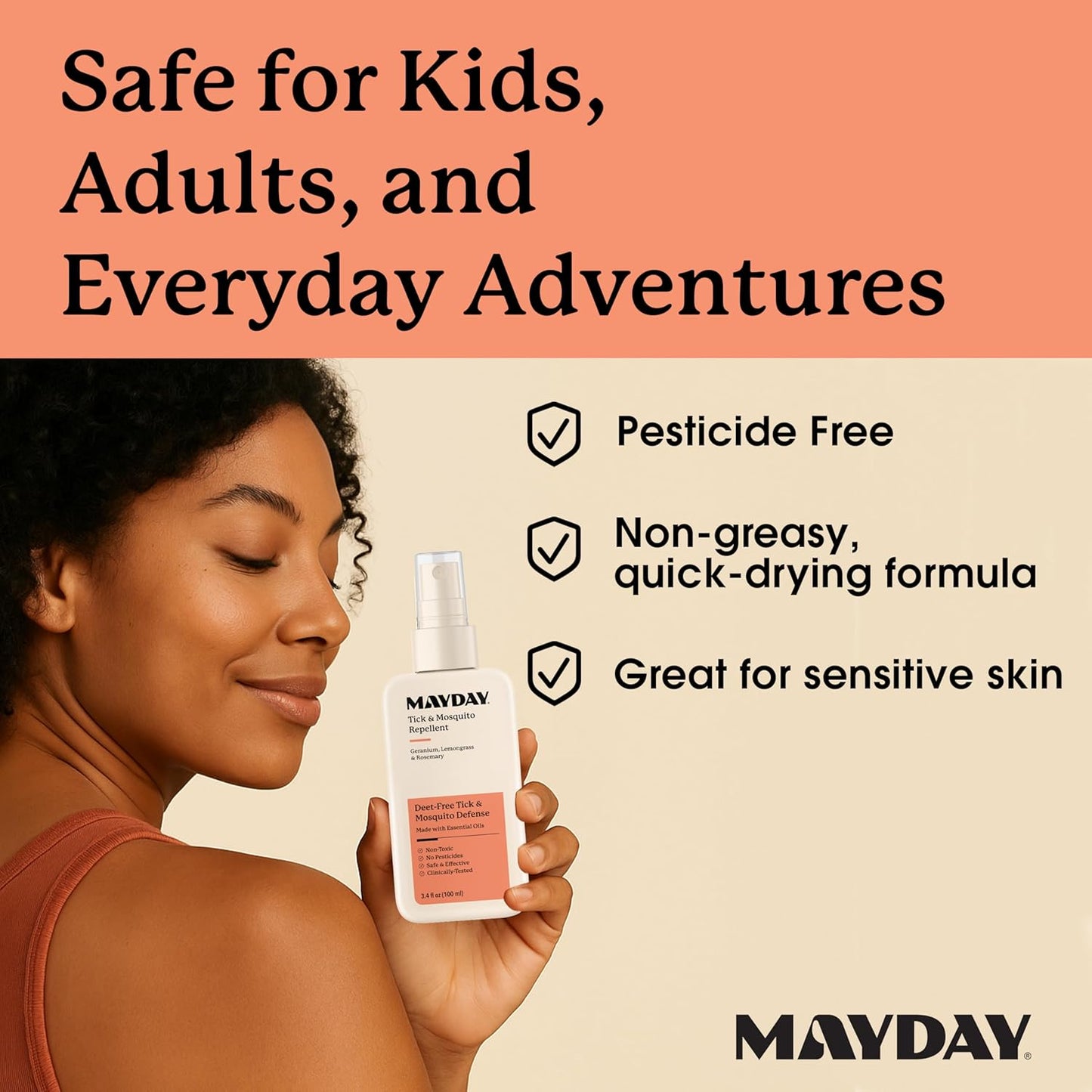 Mayday Tick & Mosquito Repellent – Deet-Free with Essential Oils – Geranium, Lemongrass & Rosemary – 3.4 oz (100 ml) – Non-Toxic, No Pesticides, Safe & Effective – Mosquito and Tick Repellent