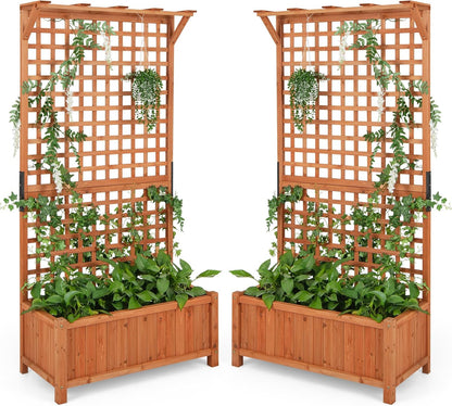 HAPPYGRILL Raised Garden Bed with Trellis, 72.5" Planter Raised Bed with Drainage Holes, Freestanding Garden Box for Vine Climbing Plants, Wooden Planter Box for Yard Balcony (2, Orange)