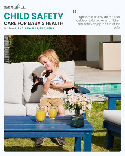 SERWALL HDPE Outdoor Patio Loveseat, Blue Frame and Khaki Cushion