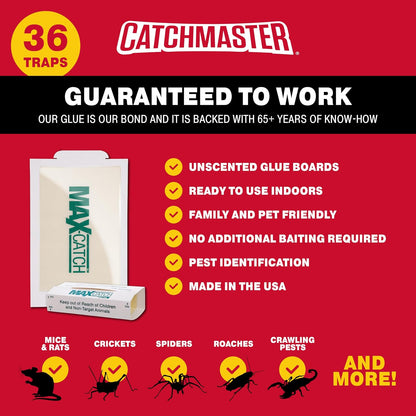 Catchmaster Max-Catch Mouse & Insect Glue Trap 36PK, Mouse Traps Indoor for Home, Sticky Pest Control Adhesive Tray for Catching Bugs, Non Toxic Bulk Unscented Glue Boards