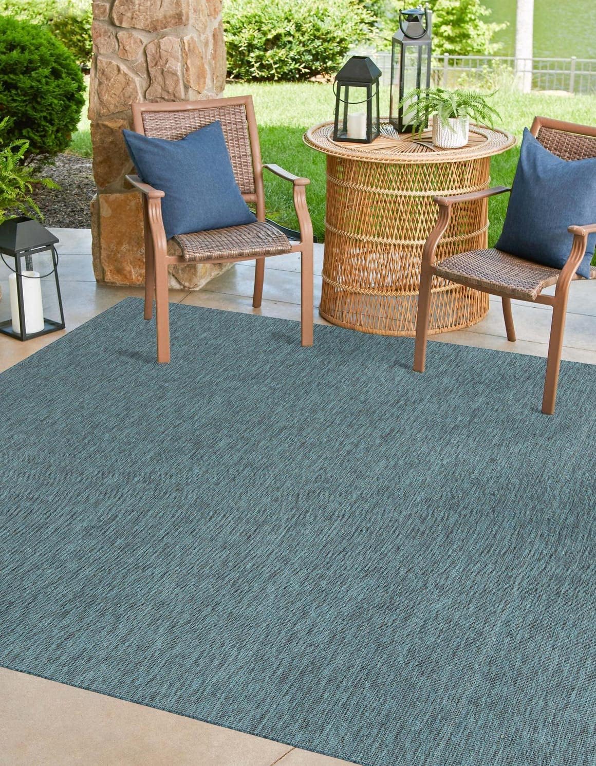 Unique Loom Collection Casual Transitional Solid Heathered Indoor/Outdoor Flatweave Area Rug (13' Square, Teal/Navy Blue)