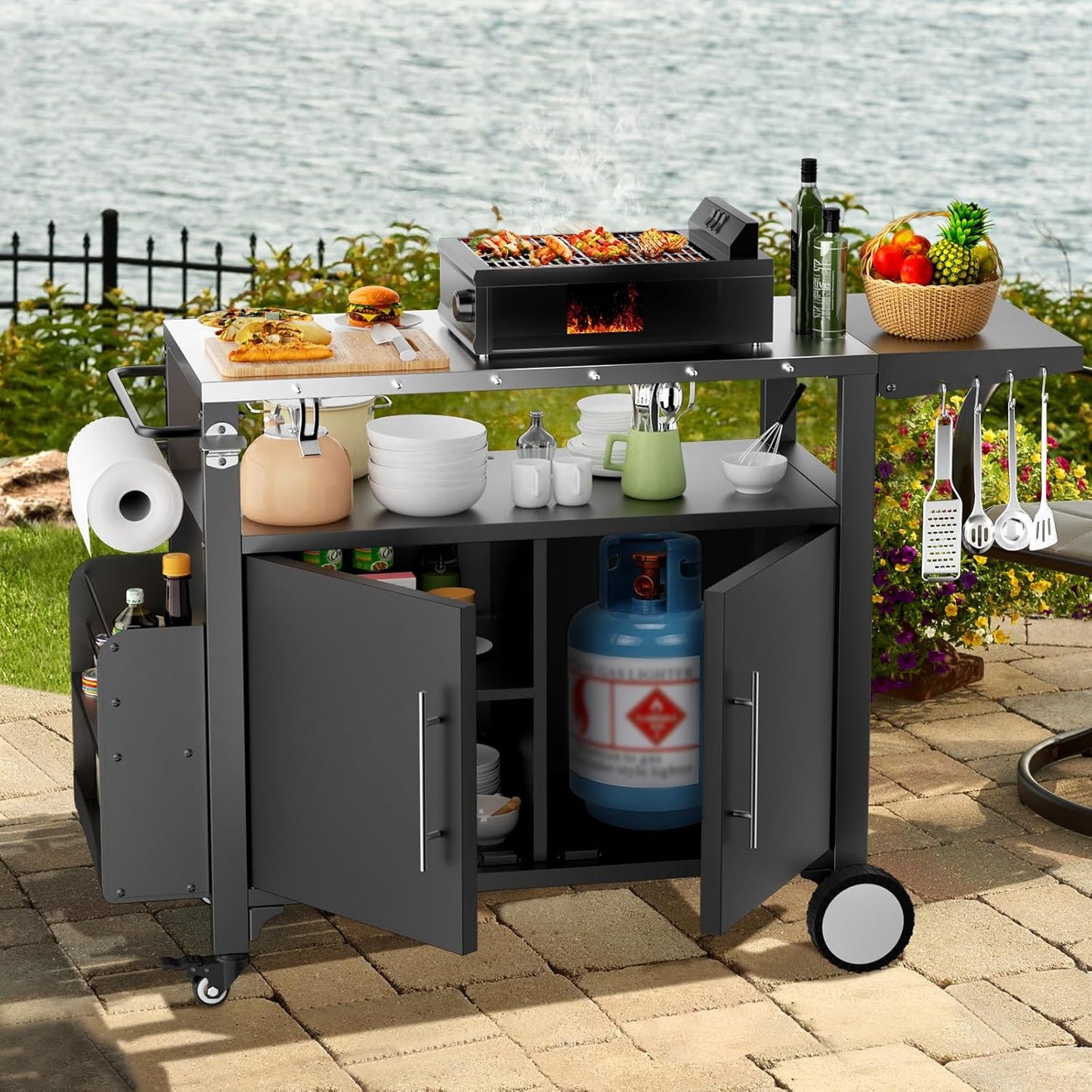 ROOMTEC Outdoor Grill Cart with Storage,Patio Kitchen Island with WheelsHooks and Spice Rack,Waterproof Outdoor Grill Table,Movable BBQ Serving Cart Rolling Bar Cart for Home Party Bar