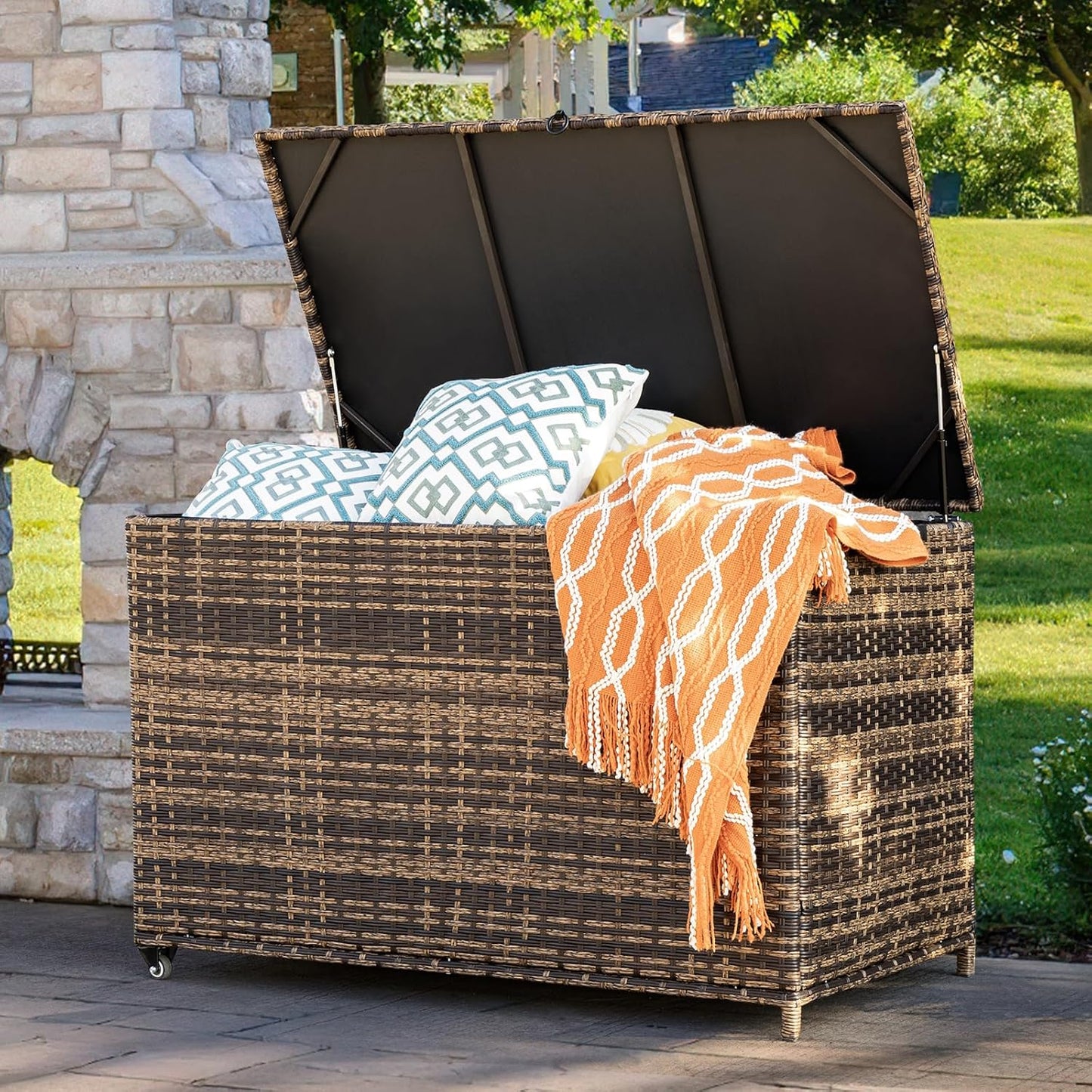 178 Gallon Outdoor Storage Box, Handle Large Portable Wicker Rattan Deck Box for Patio Furniture Cushions, Patio Deck Box with 2 WheelsThrow Pillows, Garden Tools and Pool Floats (Brown)