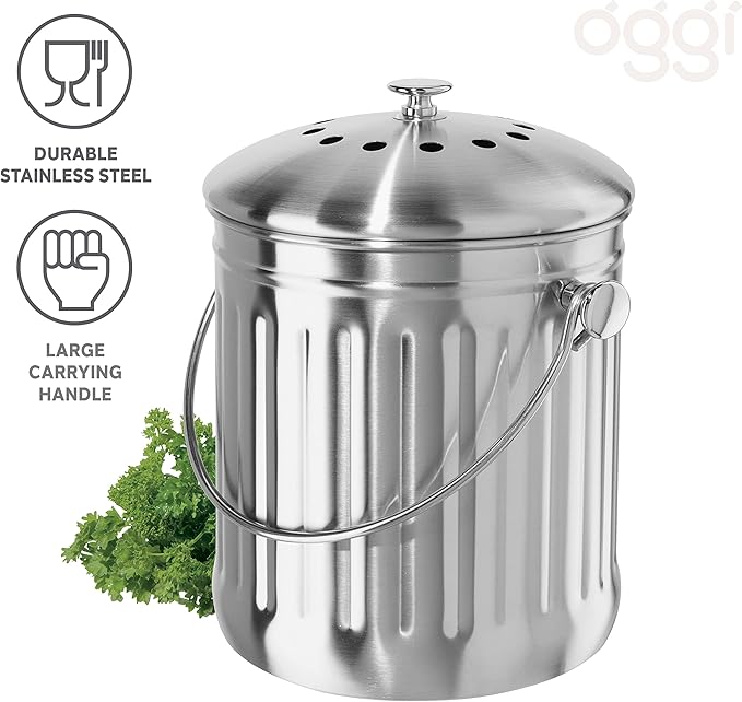 OGGI Countertop Compost Bin with Lid-1 Gallon Indoor Compost Bin w/Charcoal Filter, Stainless Steel Compost Container, Ideal Kitchen Compost Pail, Eco Friendly Products