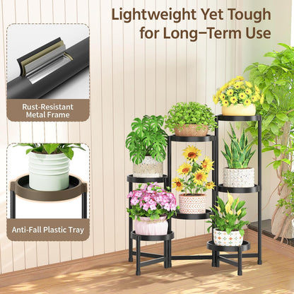LASZOLA 7 Tiered Folding Plant Stand Indoor for Multiple Large Planter, Tall Heavy Duty Adjustable Rack with Rust Proof Plastic Shelving, Sturdy Vertical Tree Organizer for Narrow Inside Floor, Black