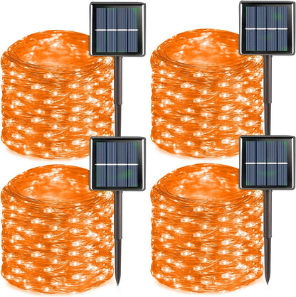 QITONG 4 Pack Orange Solar Fairy Lights, Each 33ft 100 LED Halloween Lights Outdoor Waterproof, 8 Modes Copper Wire Mini String Lights