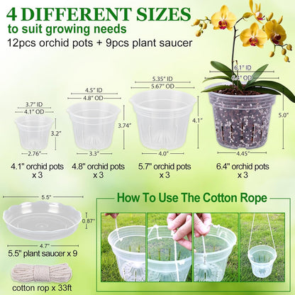 REMIAWY Orchid Pot, 12 Orchid Pots with Holes and 9 Saucers, 3 Each of 4.1, 4.8, 5.7 and 6.4 Inch Clear Flower Planter for Repotting, Plastic Breathable Plant Nursery Planters with Drainage