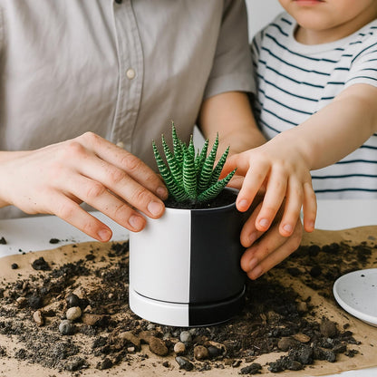 D'vine Dev 3.5 Inch Ceramic Planter Pot with Drainage Hole and Saucer, Indoor Cylinder Round Planter Pot, Split Monochrome Black & White, 94-O-A-0