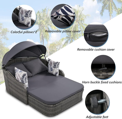 kevinplus Outdoor Patio Sunbed Daybed Double Lounge with Adjustable Canopy for Garden Backyard Pool, PE Rattan Wicker Material & Moveable Cushion Cover, Gray