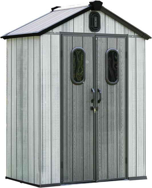Domi 5x3 FT Outdoor Resin Storage Shed, All-Weather Double-Wall Storage Building for Backyard, Garden, Lawn Tools, Mower, Bike & Pool Equipment, Lockable Doors, Ventilated Roof, Grey