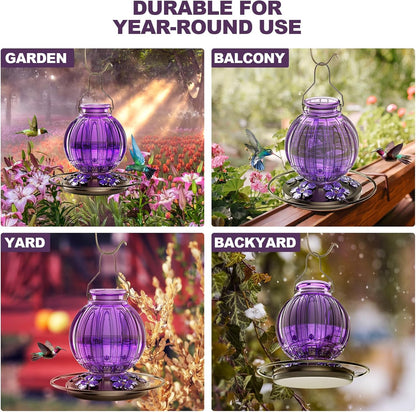 Glass Hummingbird Feeder for Outdoors Hanging, Bird Nectar Feeder with Perch & 5 Flower Feeding Ports, 26 Oz Leak Proof for Outside Garden Decor Backyard, Gifts for Women Mom, Purple