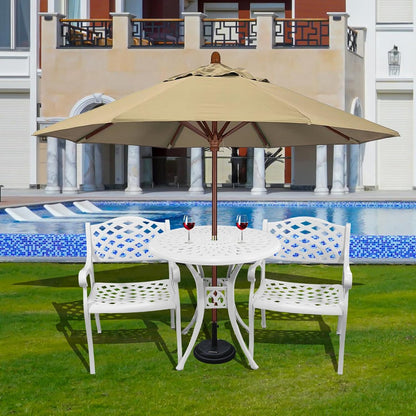 3 Piece Cast Aluminum Bistro Set With Umbrella Hole, Outdoor Patio Furniture With Adjustable Foot Cap, Metal Table and 2 Chairs for Garden, White